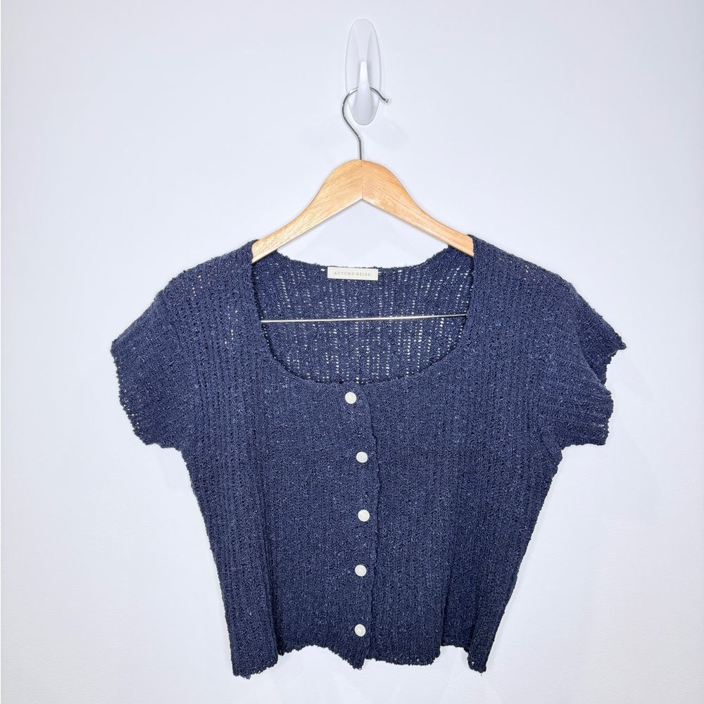 Autumn Beige Navy Blue Button Up Knit Cardigan
